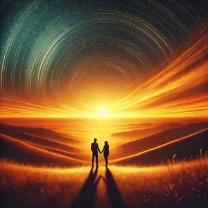 DALL·E 2024-11-26 22.49.36 - A breathtaking scene of a vast horizon at sunset with a couple standing hand in hand, symbolizing eternal love and unity. The couple is silhouetted ag