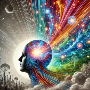 DALL·E 2025-01-08 10.04.02 - A surrealistic image representing how thoughts influence our reality. A person with an open head, from which glowing, colorful thoughts emerge like st