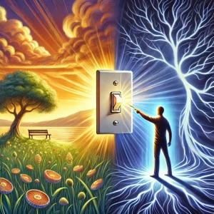 DALL·E 2025-01-08 12.04.09 - An artistic illustration of the Flip-the-Switch method concept_ a person standing in a serene, glowing environment, flipping a light switch that chang