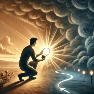 DALL·E 2025-01-08 12.04.24 - A symbolic illustration representing the second step of the Flip-the-Switch method_ 'Finding the switch'. A person is shown examining a glowing light