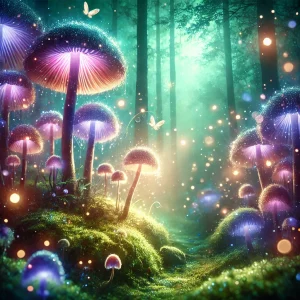 DALL·E 2025-02-24 17.44.51 - A mesmerizing digital painting of a magical forest filled with glowing, enchanted mushrooms. The mushrooms emit a soft, ethereal light in shades of bl