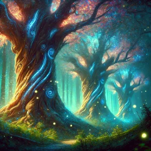DALL·E 2025-02-24 17.44.56 - A breathtaking digital painting of a magical forest with ancient, glowing trees. The trees have luminous, swirling patterns on their bark, and their l
