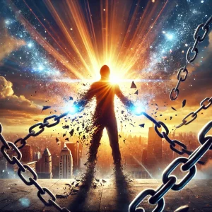 DALL·E 2025-02-24 17.45.50 - A powerful digital painting of a person breaking free from chains, symbolizing liberation and inner strength. The figure stands tall, with shattered c