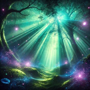 DALL·E 2025-02-24 18.23.56 - A mesmerizing digital painting of a magical forest bathed in ethereal light. The scene features a lush, enchanted woodland illuminated by a soft turqu